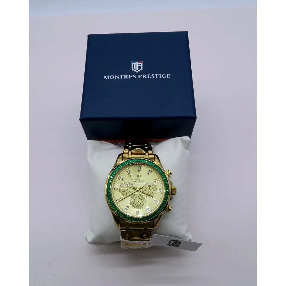 Montres Prestige Gold Chronograph Watch Green Crystal Bezel MPW-0340 New